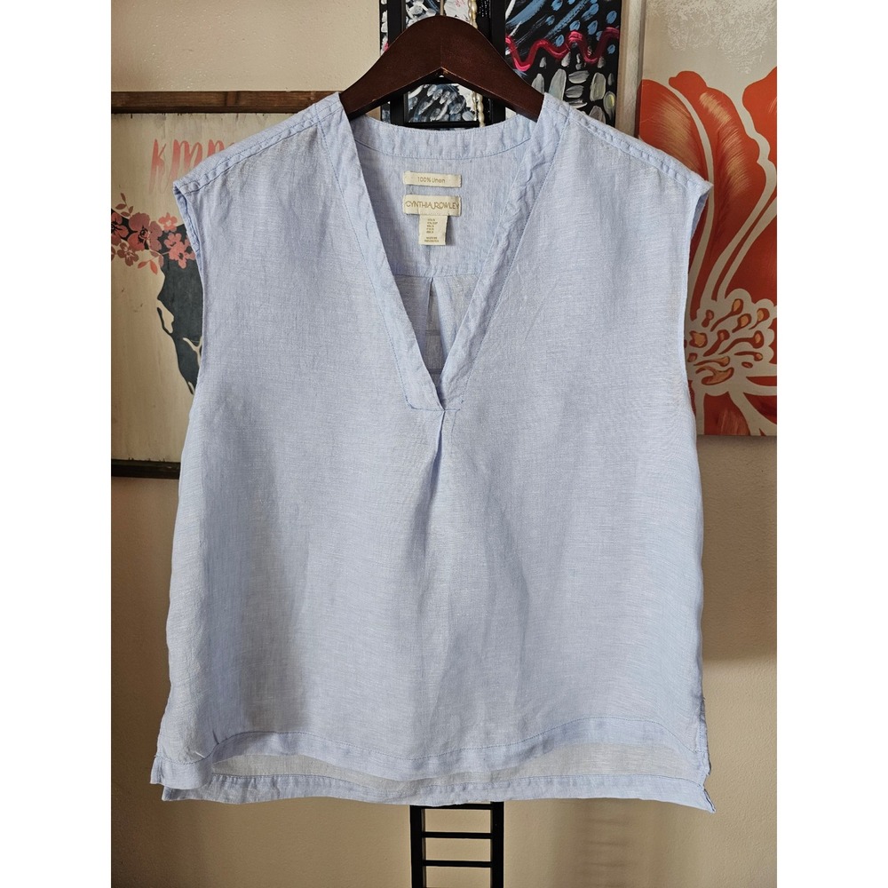 Cynthia Rowley Womens Light Blue 100% Linen V-Neck Sleeveless Shell Top Small